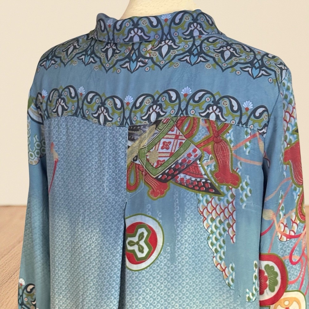 Citron Santa Monica 100% Silk Crane Print Blouse Top Sz L Denim Blue and Black - Picture 8 of 14